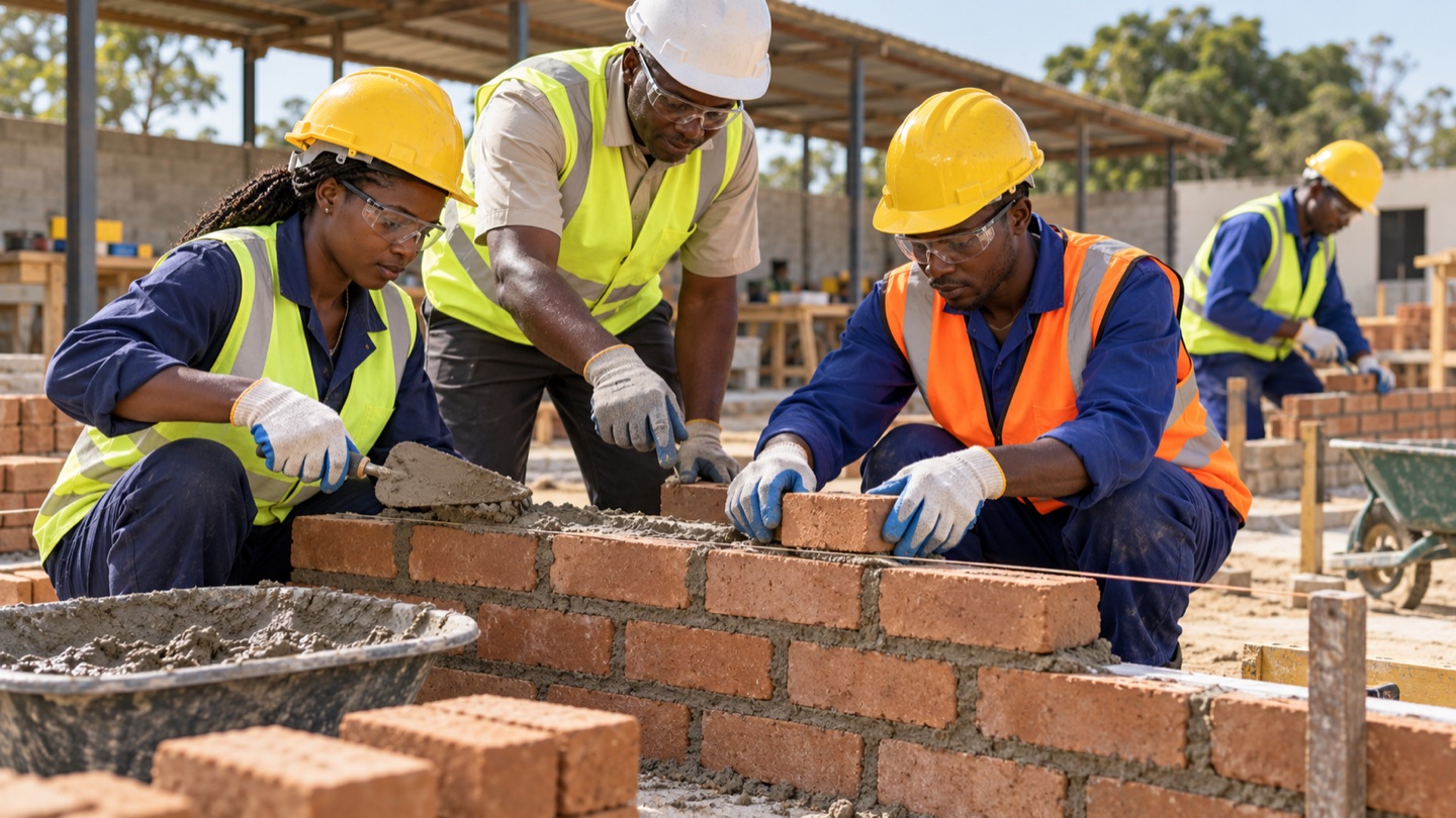 African artisans collaborating on masonry work